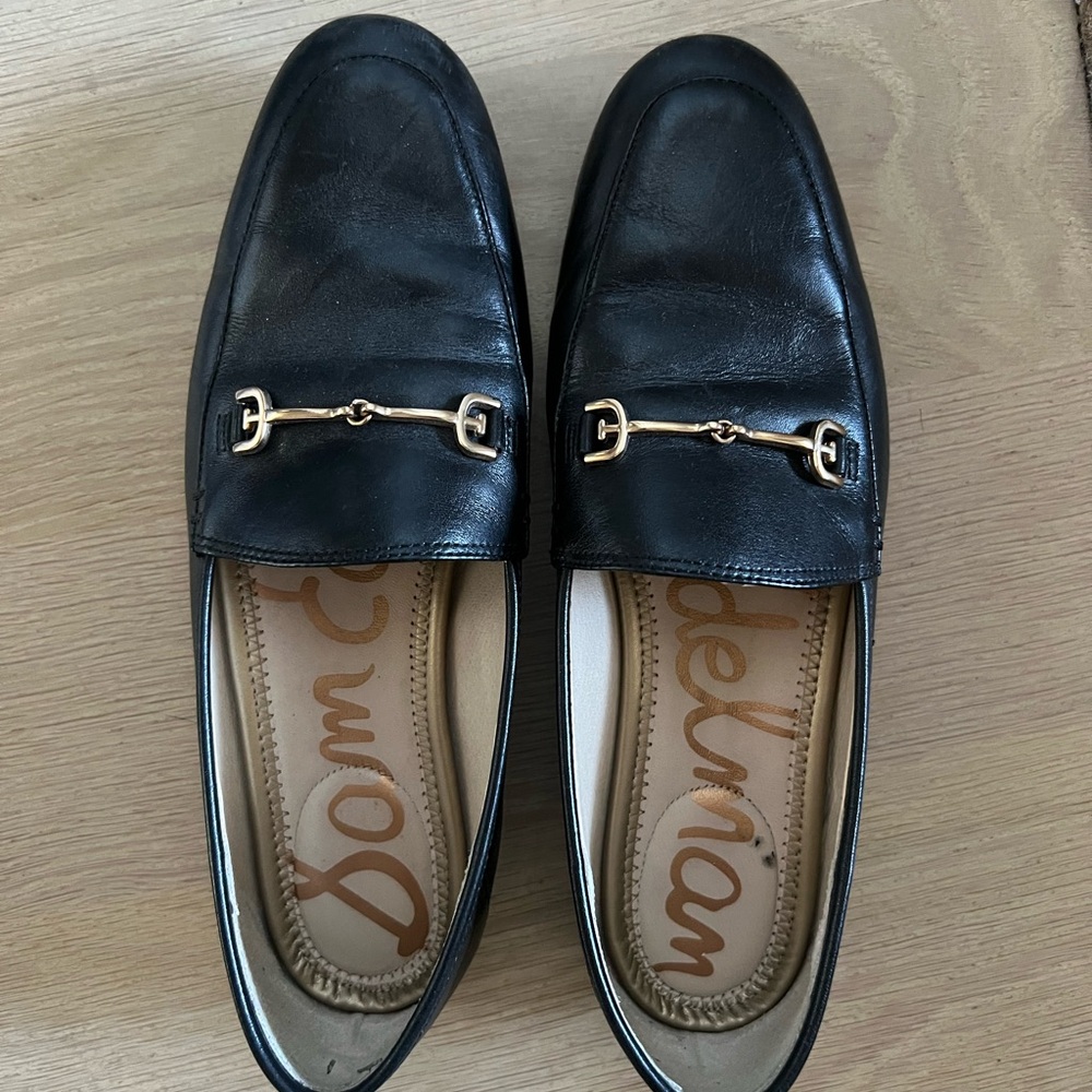 Sam Edelman Black Leather Loafers with Gold Accent
